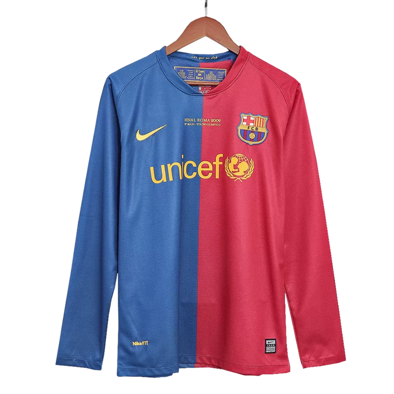 Barcelona Langarm Heimtrikot 08/09 Herren Fan-Version Blau und Rot (Retro)